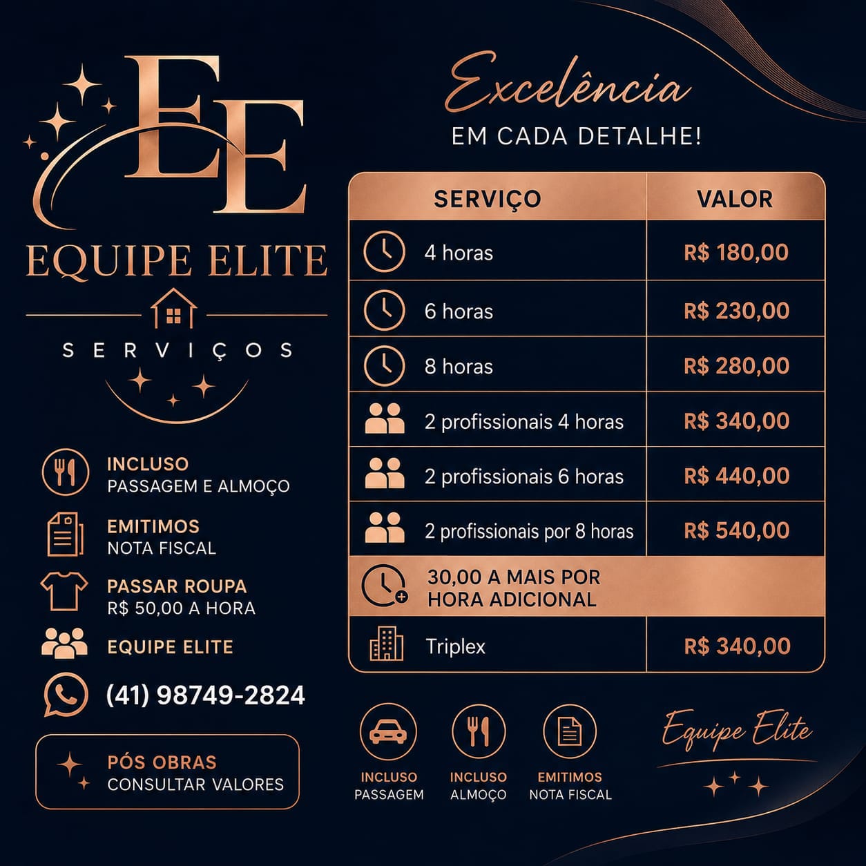 Flyer com tabela de preços das diárias e pacotes de profissionais